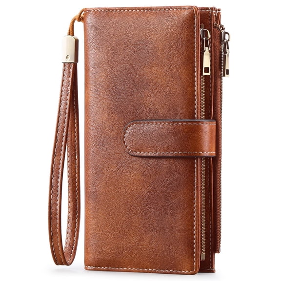 FALAN MULE Women’s Leather Wristlet Wallet Rfid Blocking with 5 ID Windows and Double Zipper