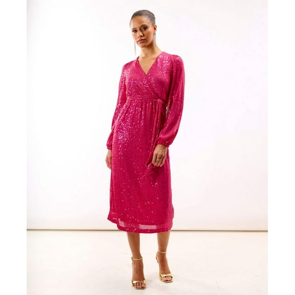 Pink Sequin Wrap Midi Dress