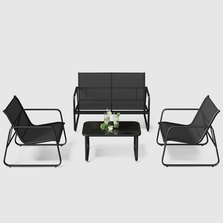 4-Piece Outdoor Patio Furniture Set With Glass Table. Asofer Lightweight Bistro Table And Chair Set For Poolside, Lawn, Black