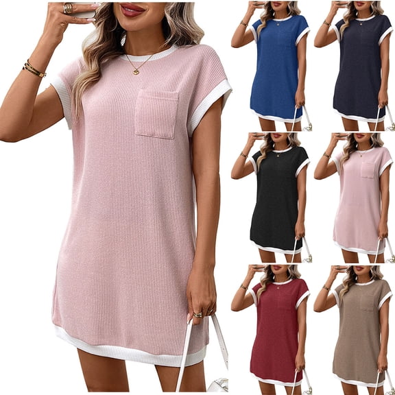Zedker Women's Summer T Shirt Dress Casual Short Sleeve Crewneck Loose Fit Mini Dresses with Pockets Black L