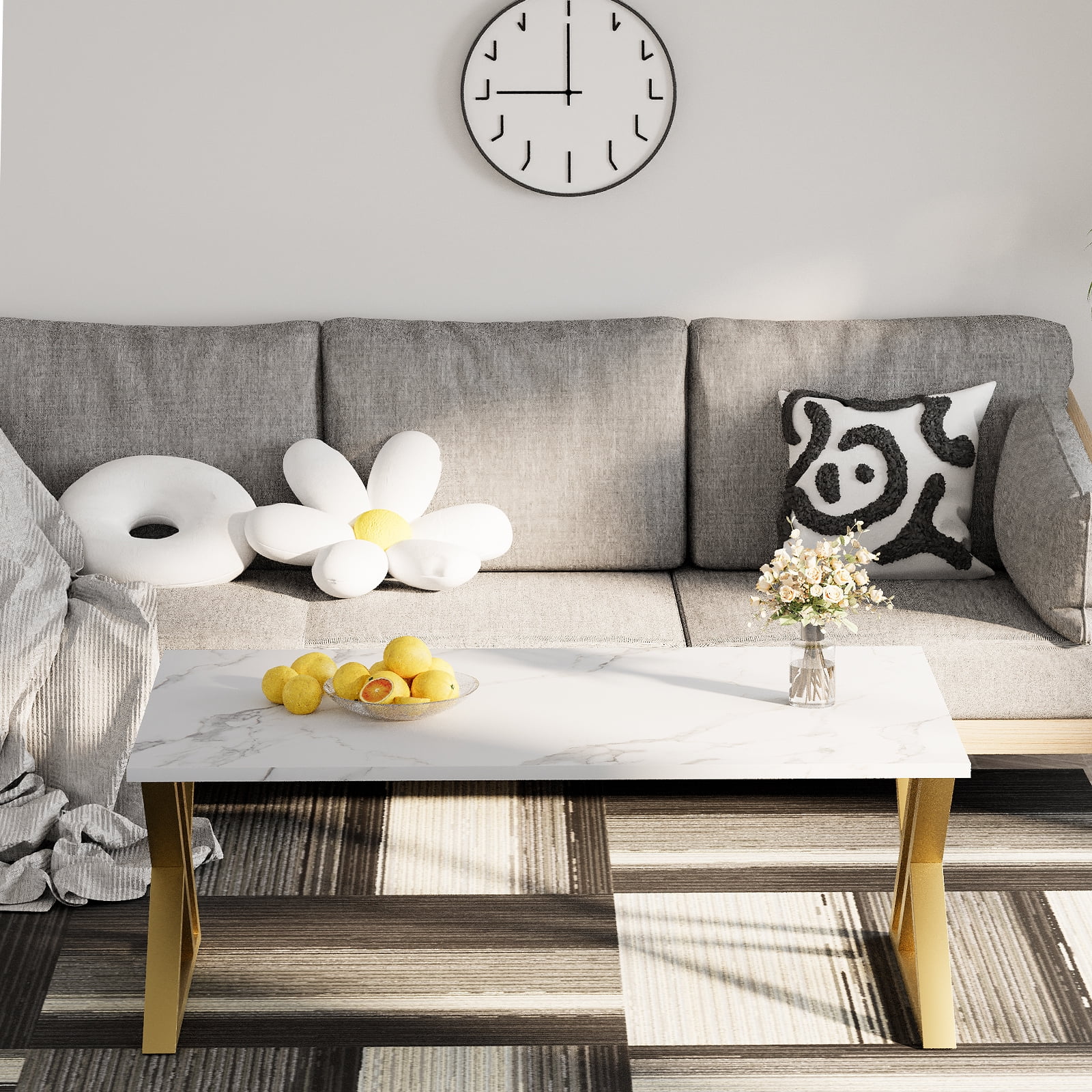 Coffee Table Living Room Table White Center Table, Simple Modern Faux Marble Rectangular Tea Table with Sturdy Gold-Finished Metal Frame,Industrial Wooden Coffee Table for Bedroom Home Office