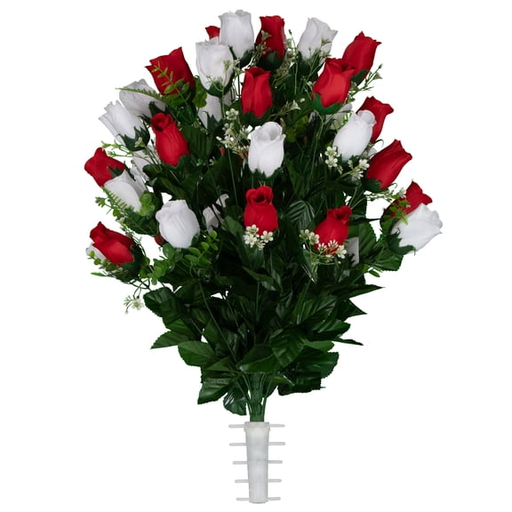 Sympathy Silks Artificial Cemetery Flowers Red and White Rose Buds for a Cemetery Vase