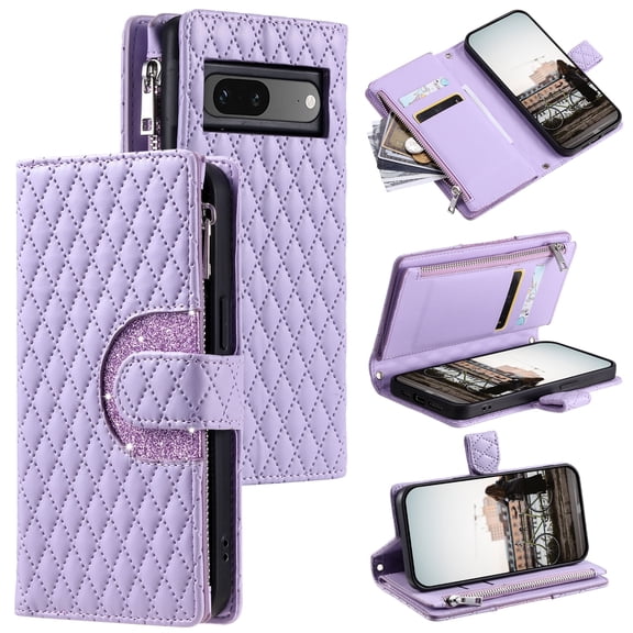 Allytechgroup 9 Cards Slots Wallet Case for Google Pixel 6A, Zipper Pocket Hand Wrist Stand Kickstand Shockproof Bumper Phone Case Cover for Google Pixel 6A for Girls Women, Purple