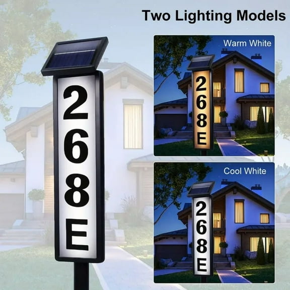 Solar-powered address lights, doorplate home address signs with intelligent light sensing. Automatically turns on at night, featuring two modes of white light and warm light. Serves as a nighttime ad