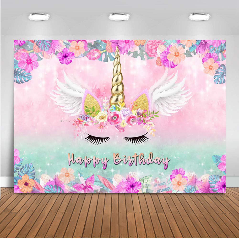 8x6.5ft Unicorn Backdrop Happy Birthday Backdrop Silver Unicorn Head Birthday Party Colourful Flowers Crown Pink Background Baby Shower Backdrop Baby Boy Girl Children Birthday Photo Props