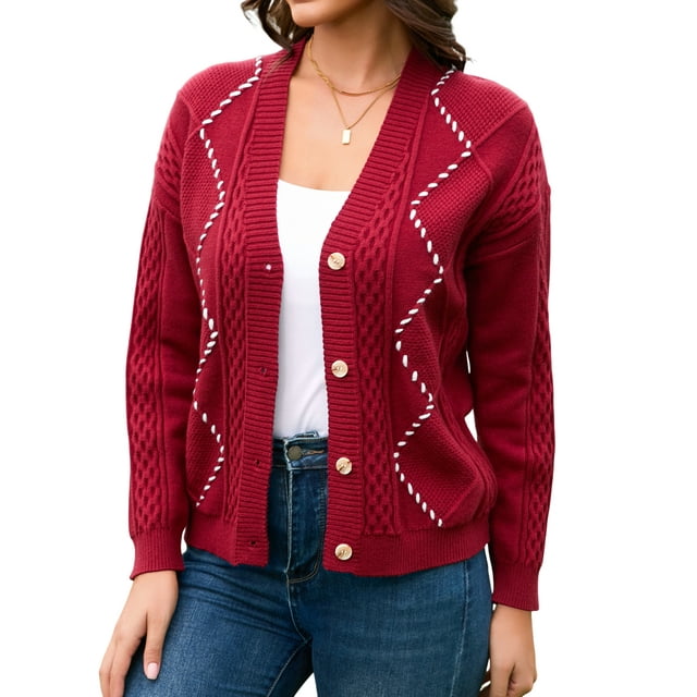 Charmo Women's Cable Knit Open Front Button Down Cardigan Sweater Long Sleeve Chunky Fall Sweater Outwear