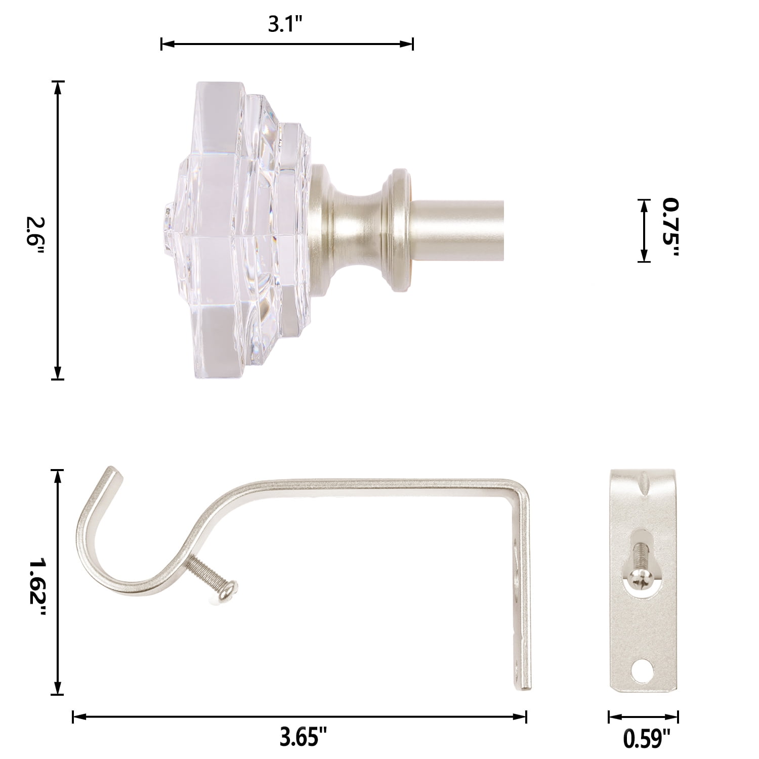 2 Packs Curtain Rod Adjustable Window Drapery Rods with clear acrylic plexiglass square finials, 3piece brackets, hardware kits. Champagne 48-86 inches.