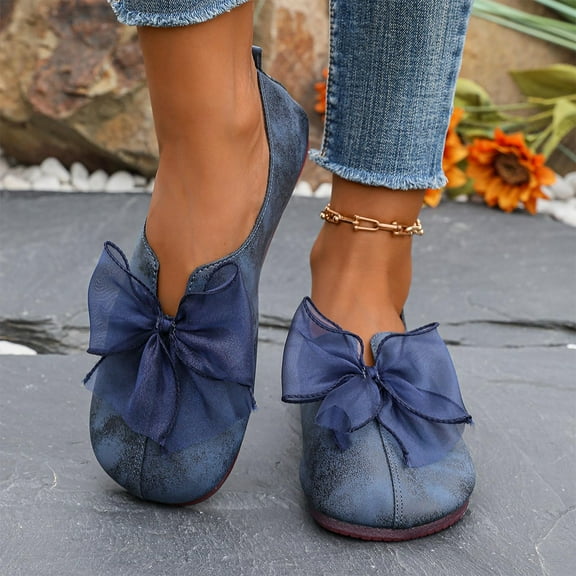 SYMOID Womens Blue Comfortable Casual Flats - Round Toe Organza Bow Pu Faux Leather Shoes, Wide Size 36-43, Durable All-Day Wear for Shopping Dating Casual Office,Size 42