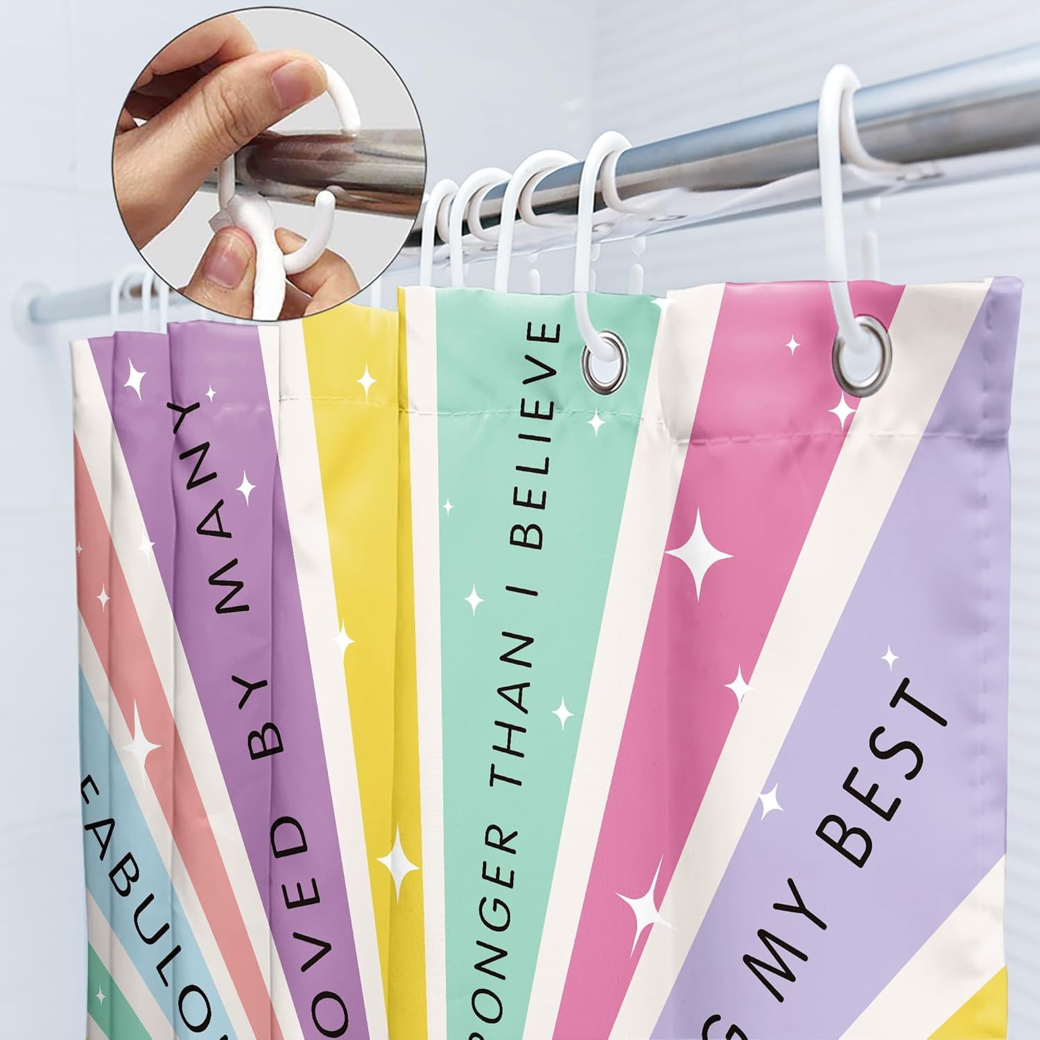 Kids Girls Shower Curtain 72Wx72L Inch Rainbow Boho Sun Colorful Quotes Retro 70s Cute Inspirational Words Motivational 12 Pack Hooks Polyester Waterproof Fabric Bathroom Bathtub Panels