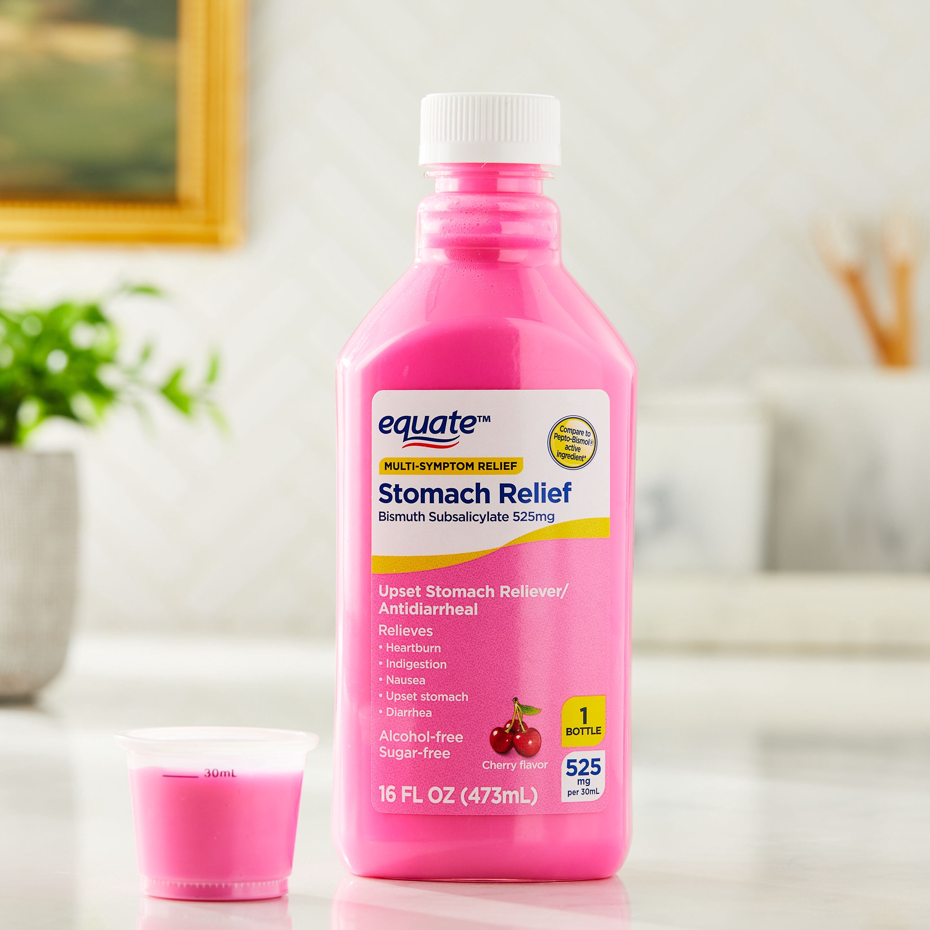 Equate Bismuth Liquid, Mulit Symptom Relief for Upset Stomach Reliever and Antidiarrheal, 525mg, Cherry flavor, 16 fl oz, Compare to Pepto-Bismol Active Ingredient