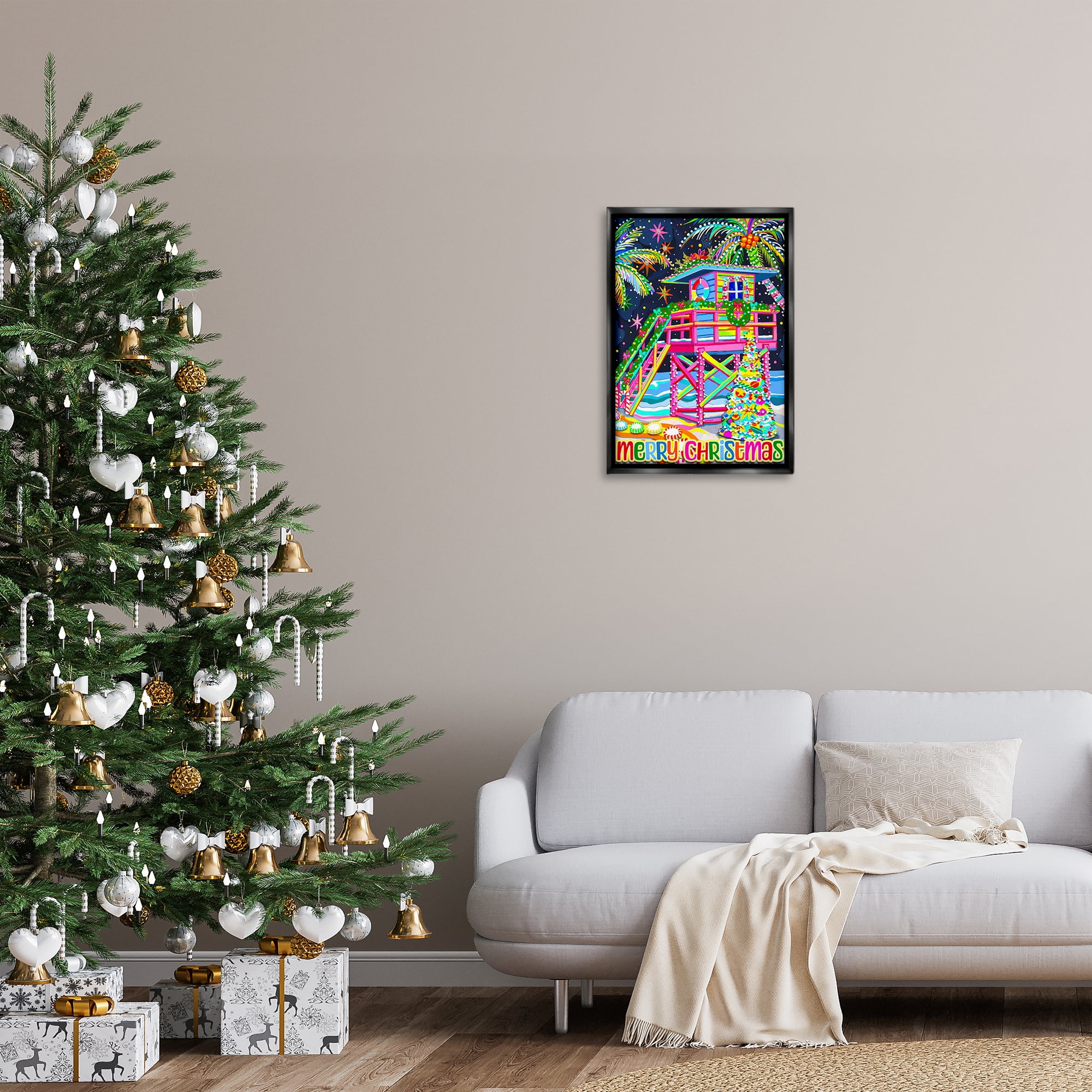 Stupell Industries Whimsical Seaside Christmas Holiday Painting Black Floater Framed Canvas Art Prints Wall Art, 17 x 25