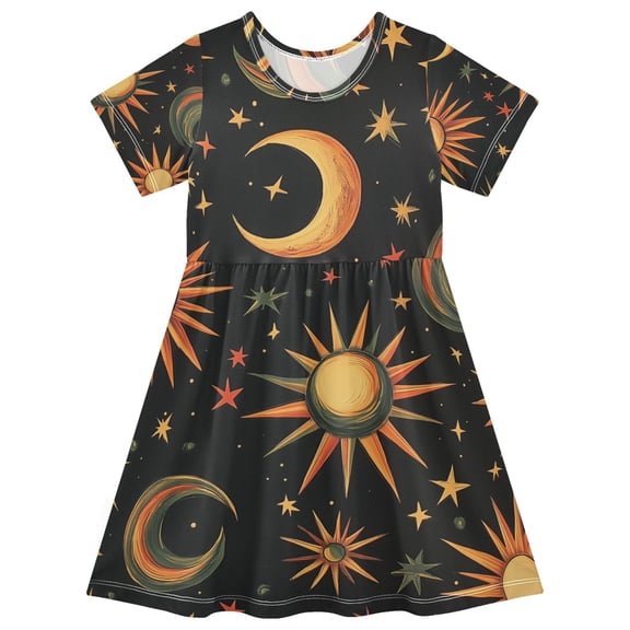 FORMRS Girls Short Sleeve Dress Summer Casual Round Neck A-line Beach Sundress, Sizes 2T-8T, Sun Moon and Stars Pattern