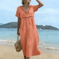 thumbnail image 5 of Summer Fashion Dresses for Womens 2026 Plus Size Cotton And Linen Solid Color Dress Short Sleeved V-neck Lace Trimmed Loose Casual Summer Beach Dress, 5 of 9