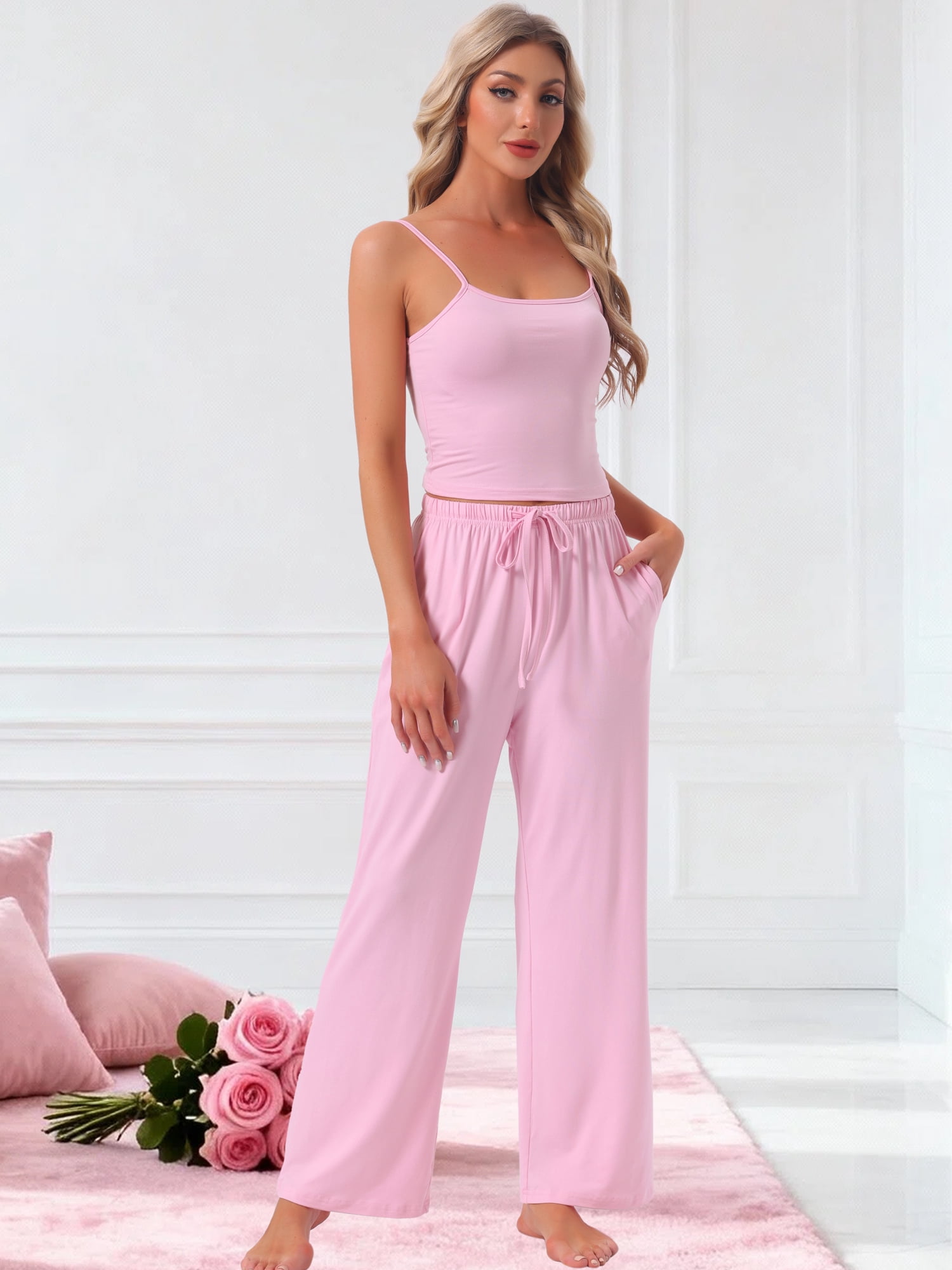 DARING DIVA Women's Pajama Set Cami Jersey Knit Adjustable Spaghetti Strap Pants L Pink