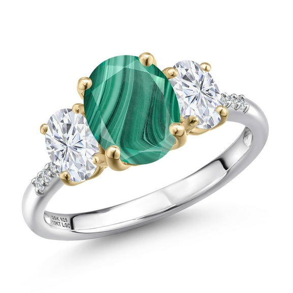 Gem Stone King 925 Silver and 10K Yellow Gold Green Malachite and White Moissanite and Lab Grown Diamond Engagement Ring for Women | 3.56 Cttw | Oval 9X7MM | Birthstone | Size 8