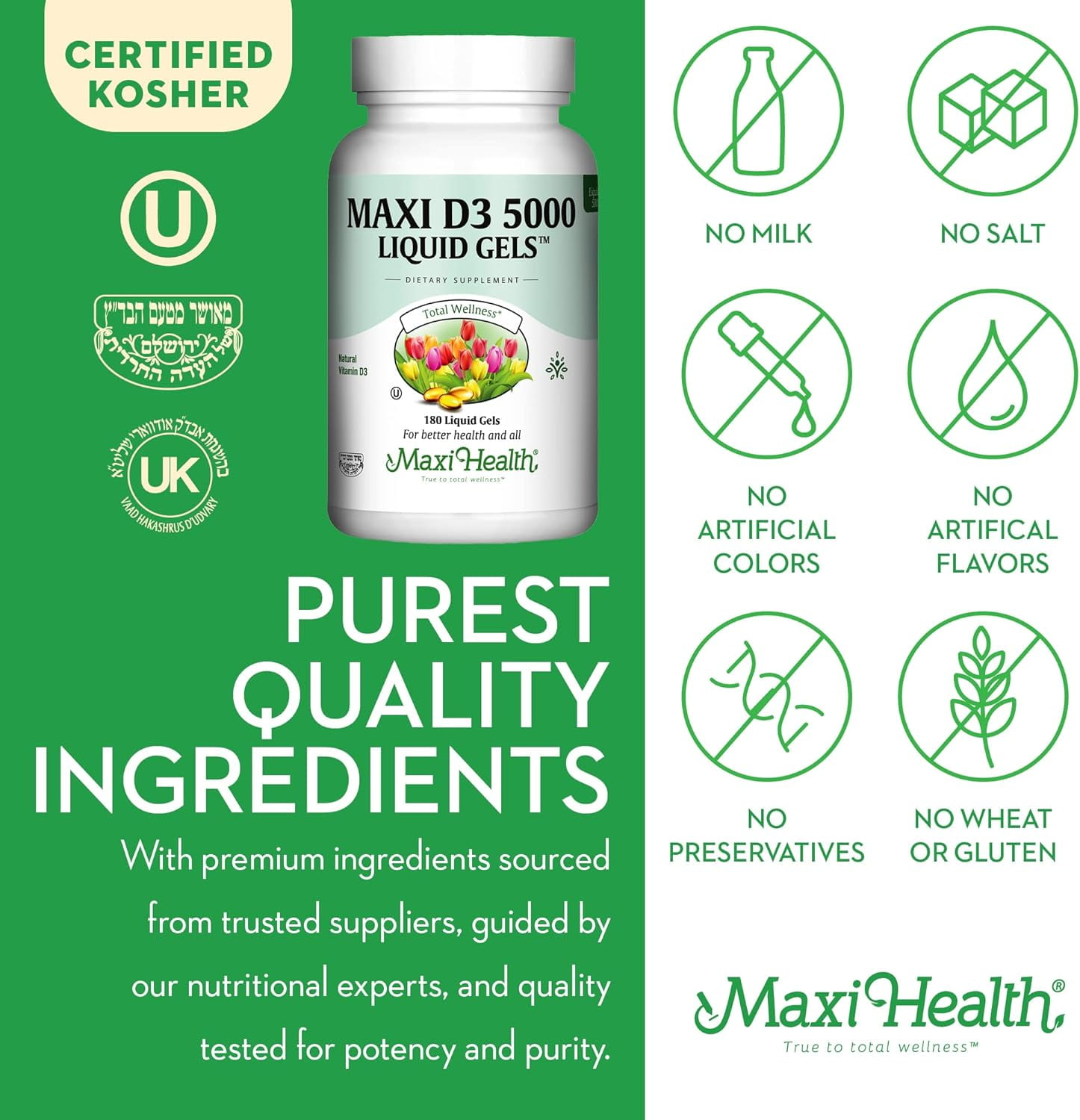 Maxi Health Vitamin D3 5000 IU – 125 mcg Softgels – Immune & Bone Support Supplement – 180 Count