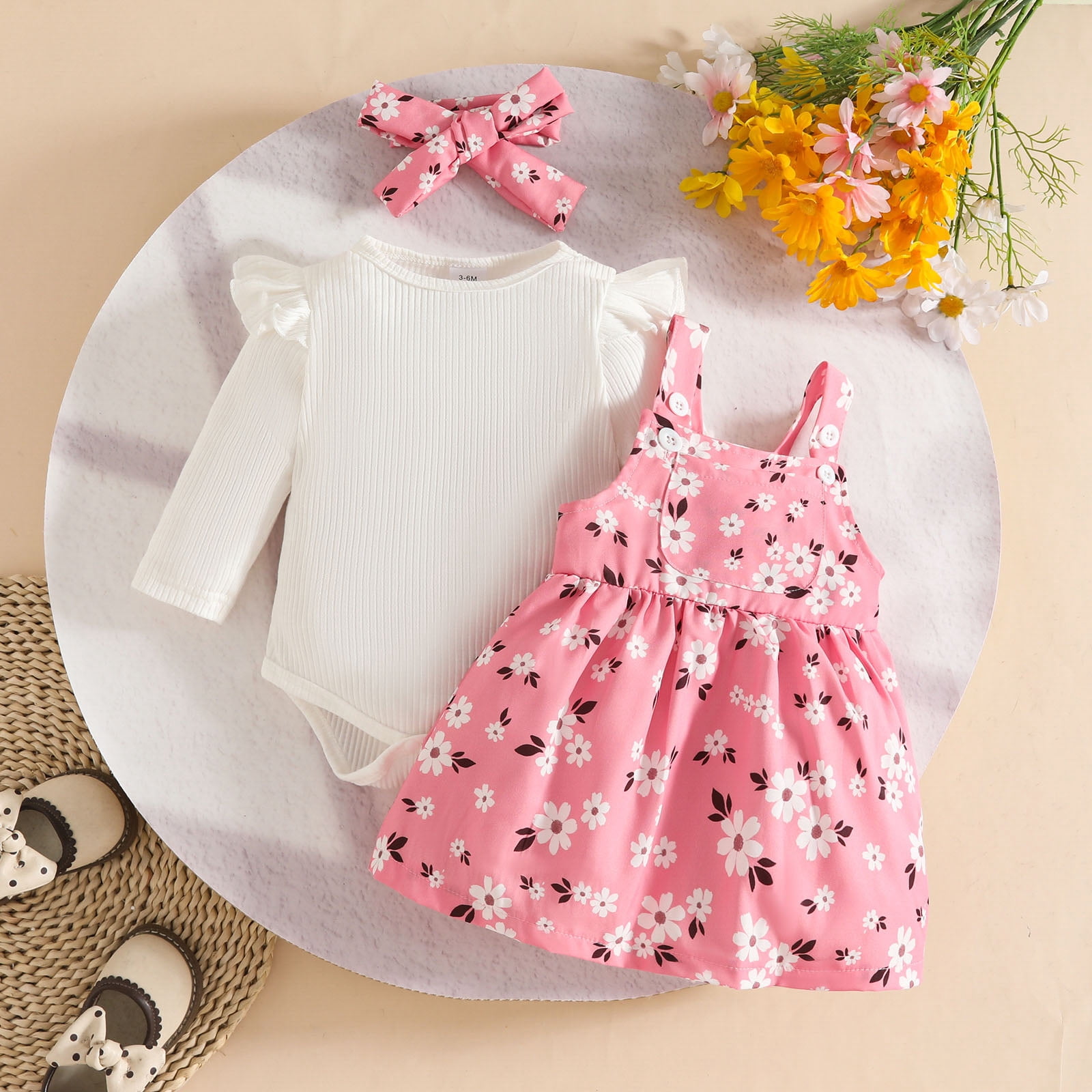 thumbnail image 2 of MYShe Baby Girl Clothes Infant Baby Girl Romper Dress Baby Dress Romper Flowers Lace Fall Winter Clothes With Headband Pink 6 9 Months 2 of 14