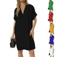 thumbnail image 1 of Dresses Plus Size Ladies Fashionable V Neck Short Sleeve Solid Color Loose Dress Summer Dress Plus Size Blue XXL, 1 of 5
