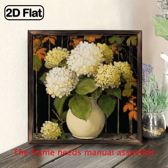 8x8 Inch Rustic Hydrangea Wooden Wall Art Frame with White Vase Green Leaves, Ideal for Living Room Office Decor, Perfect Holiday Gift, Living Room Artwork Rustic Wall Decor Detailed Floral Design