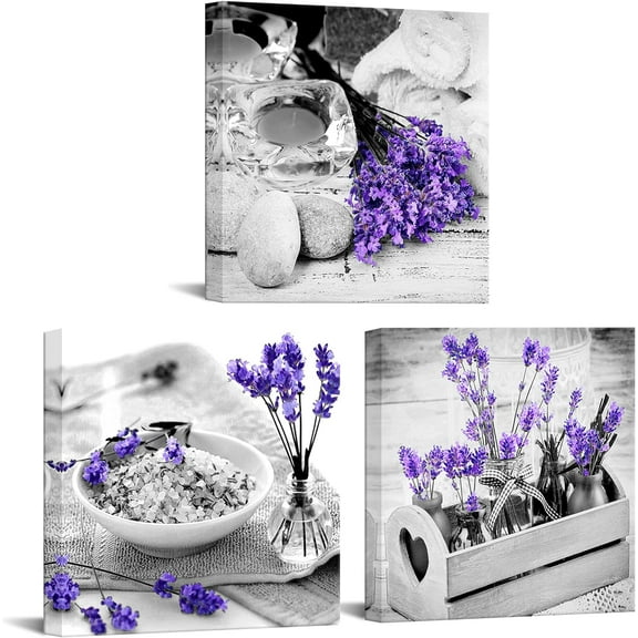 3 Piece Canvas Wall Art for Bedroom Bathroom Wall Decor Purple Lavender Flower and Zen Stone Painting Pictures Print on Canvas Spa Still Life Artwork Framed Ready to Hang