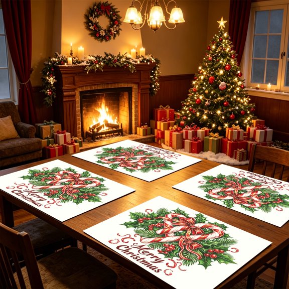 1/4/6PCS White Base Candy Cane Poinsettia Flower Table Mats,12X18 inch,Polyester,Daily Dining Banquet Picnic Table Decor
