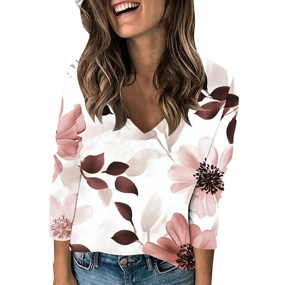 Royisotas Floral Graphic Tops for Women Beige Fall and Winter Casual Long Sleeve Women Shirts Vintage Loose Fit V-Neck TShirts