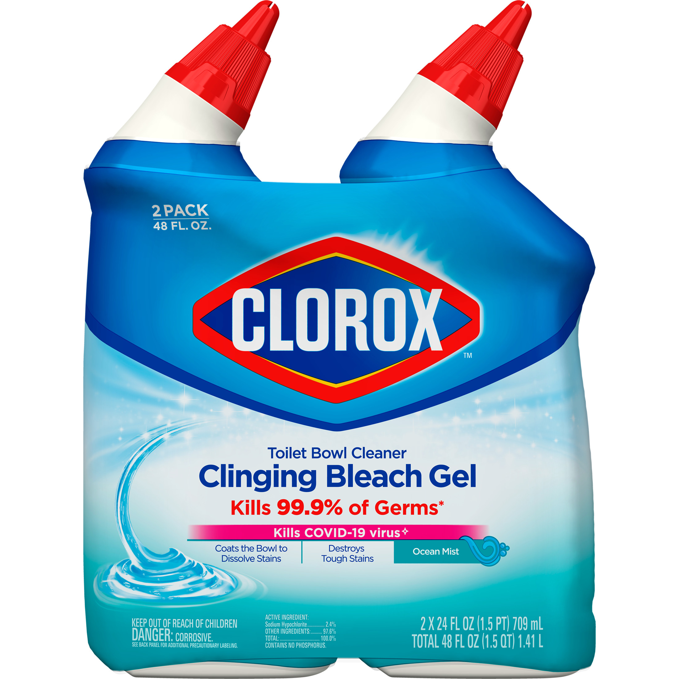 Clorox Toilet Bowl Cleaner Clinging Bleach Gel, Ocean Mist, 24 fl oz, 2 Pack - image 2 of 10