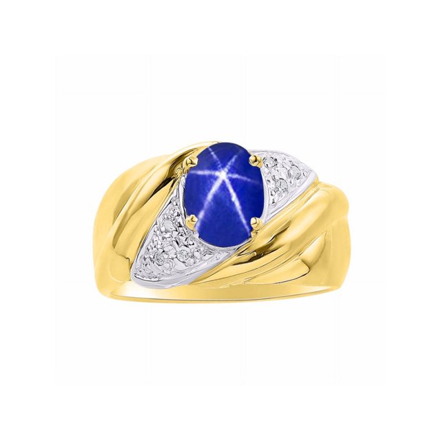 RYLOS Bagues pour Femmes Bague en Or Jaune 14K Pierre Précieuse Ovale 8X6MM et Diamants Design Classique Saphir Étoilé Bleu Bijoux pour Femmes Taille 9