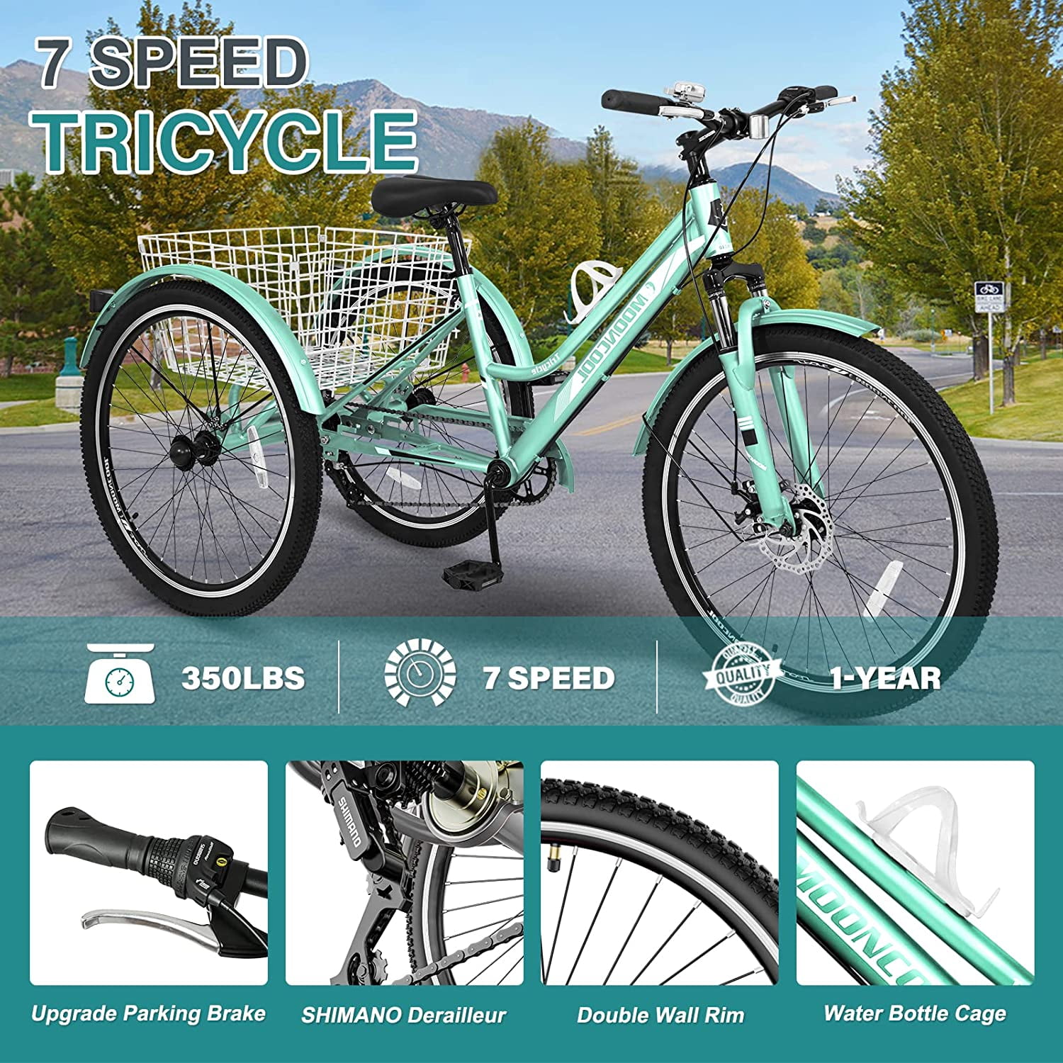 FICISOG 24" Adult Mountain Tricycle, 3 Wheeled 7-Speed Mountain Tricycle Cruiser Bike with Basket,Unisex