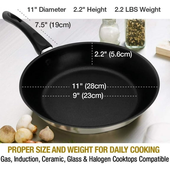 11 Inch Nonstick Frying Pan - Stainless Steel Omelet Pan with Vented Glass Lid - Induction Compatible