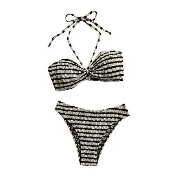 Traje de baño para mujer, bikini con cuello colgante para mujer, conjunto de traje de baño de playa con estampado de rayas a la moda, trajes de baño para mujer
