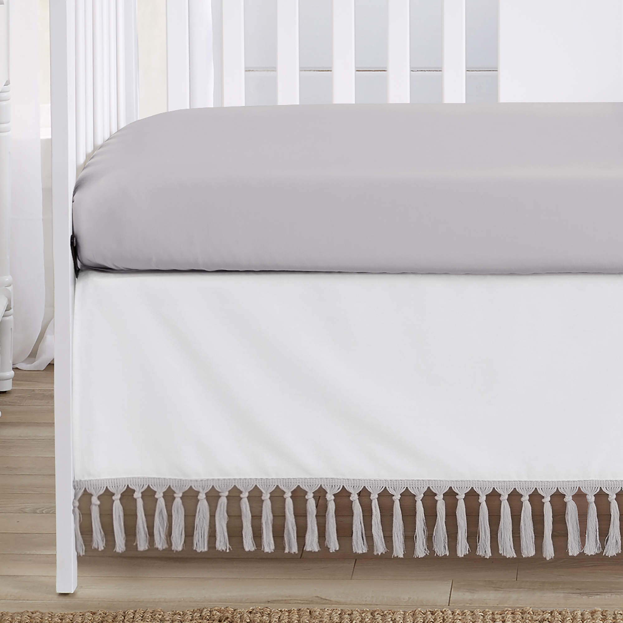 Sweet Jojo Designs Boho Fringe White Grey 4 Piece Crib Bedding Set