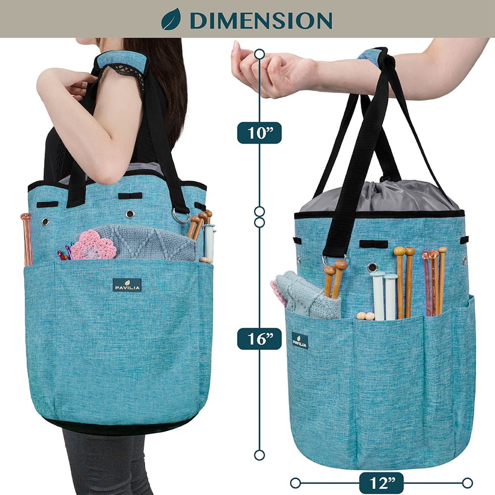 PAVILIA Knitting Bag Crochet Organizer Bag, Yarn Storage Tote, Knitting Accessories Supplies, Yarn Holder For Knitting With Grommets, Needles Hooks Essentials, Crochet Project Case (Turquoise Blue)