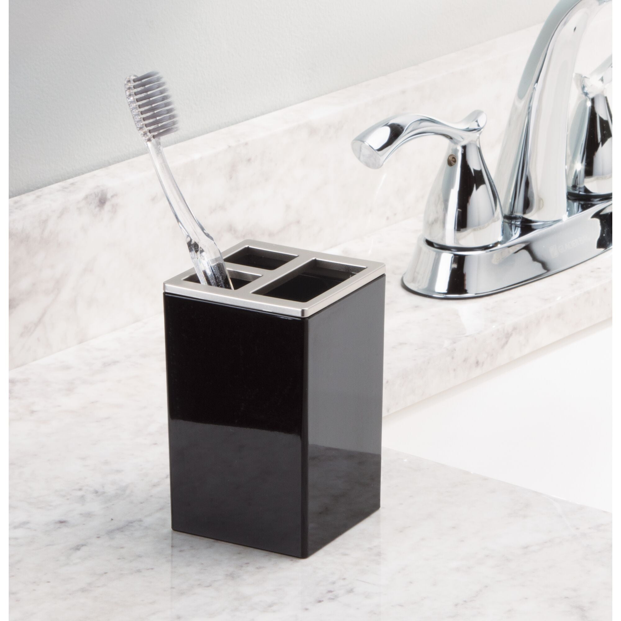mDesign Plastic Bathroom Vanity Organizers, Set of 4, Black/Brushed Chrome