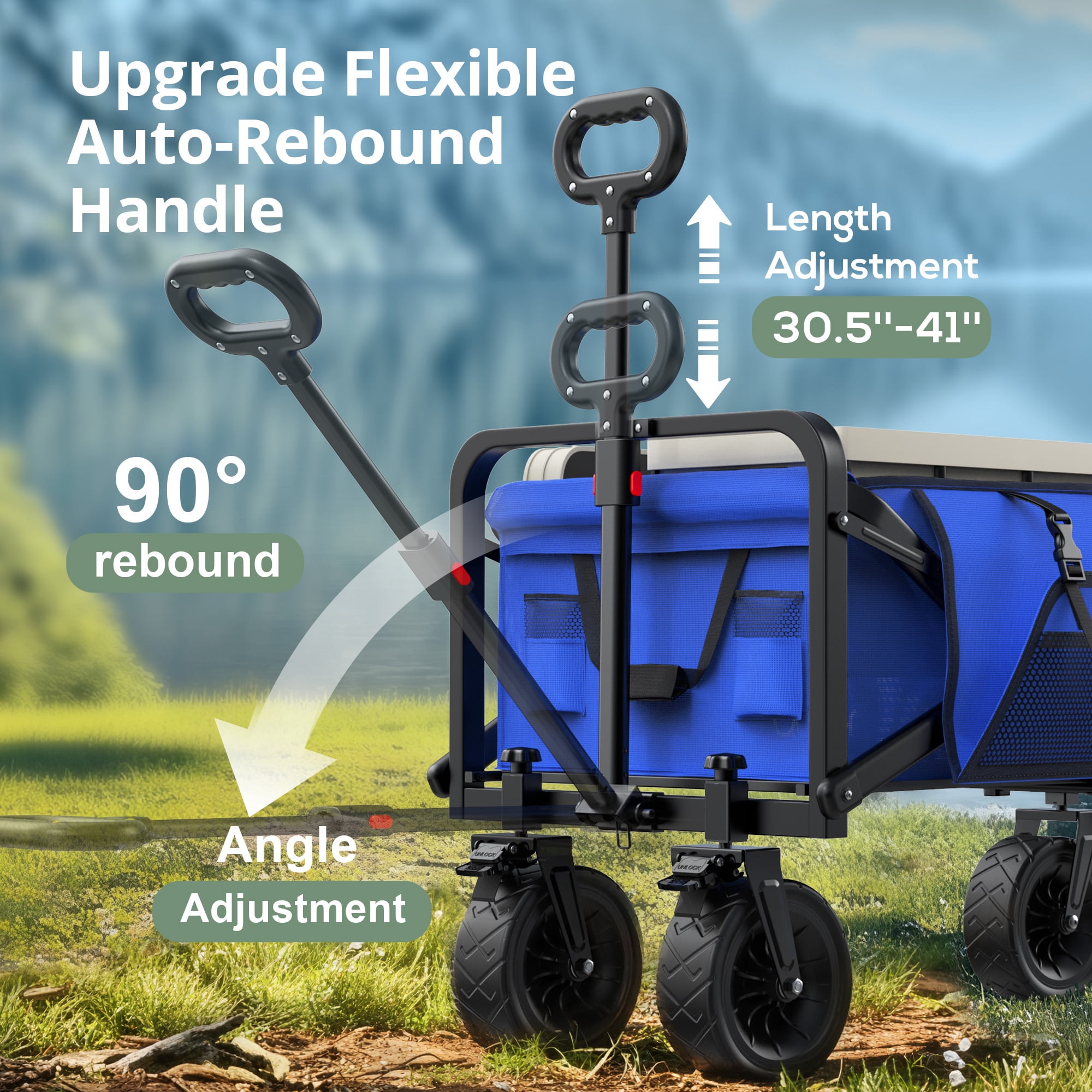 Qunler 560lbs Collapsible Folding Wagon, Heavy Duty Utility Beach Cart with 8" Wheels and Side Pocket, Large Capacity for Camping, Beach, Shopping, Sports, Outdoor, Blue