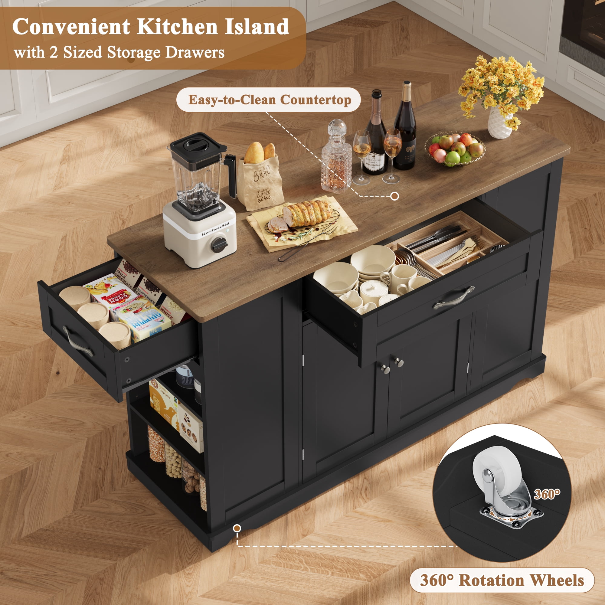 Homfa Kitchen Island with Wheels & Adjustable Shelf, 2 Drawer Modern Buffet Cabinet Sideboard Coffee Bar for Dining Room Living Room, Black