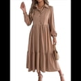 thumbnail image 2 of Vestido Camisero Informal de 3/4 para Mujer, con Botones, Cuello en V, Cuello Escalonado, Holgado y Caqui S, 2 of 9