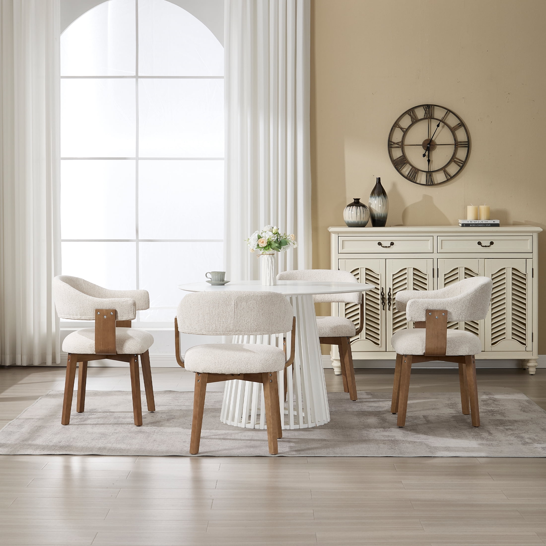 Guyou Modern Dining Chair Set of 2, Chenille Upholstered Dining Room Armchair with Curved Backrest, Mid-Century Wooden Kitchen Side Chairs for Dining Room Living Room, Beige