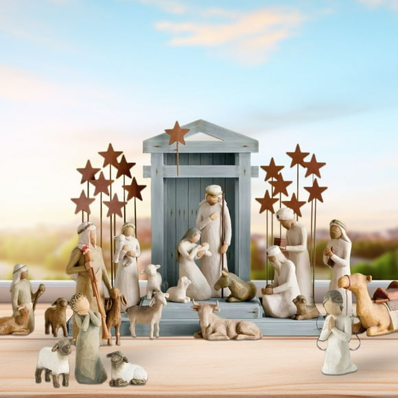 qazqa Willow Tree Nativity Starter Figures with The Three Wisemen Plus Metal Stars, 20-Piece Set