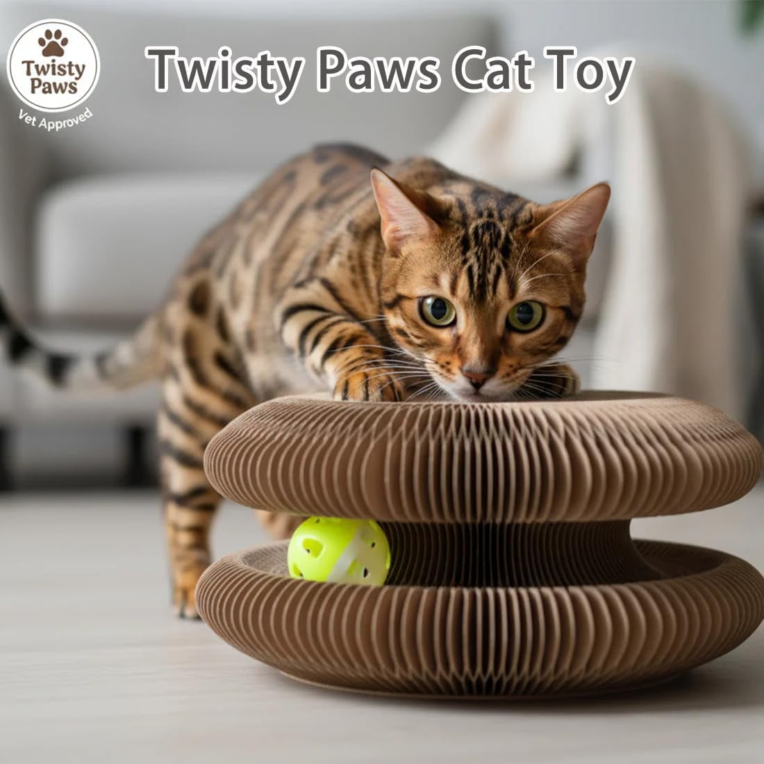 Twisty Paws Cat Toy, 3-in-1 Foldable Cat Scratcher Toy: Interactive Play & Rest Center with Bell | Protects Furniture & Curbs Scratching