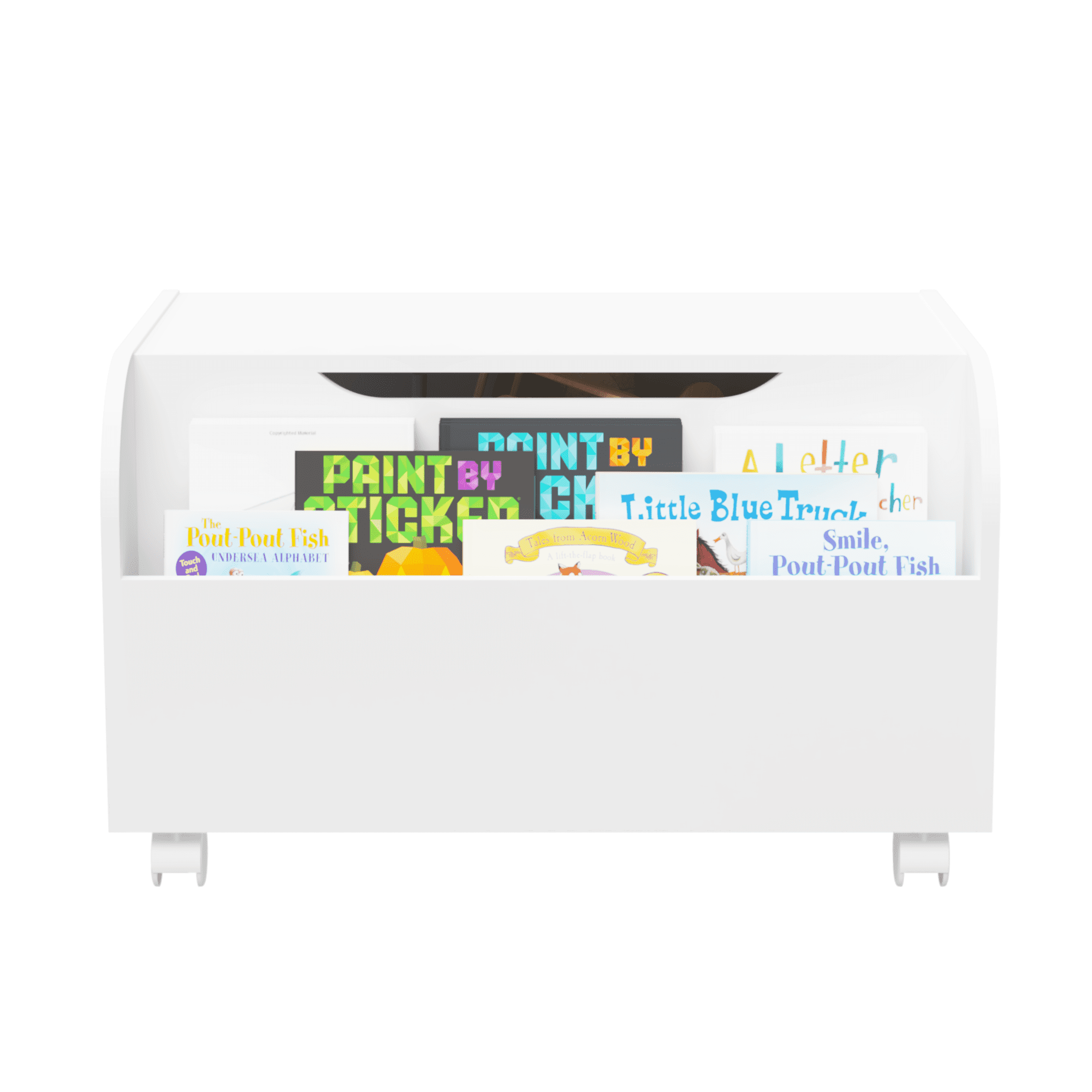 Oufan Kids Toy Box with 4 Universal Wheels,Wooden Toy Chest, Kids Storage Organizer Bench with Front Book Storage Area for Boys and Girls, Children's Furniture, White