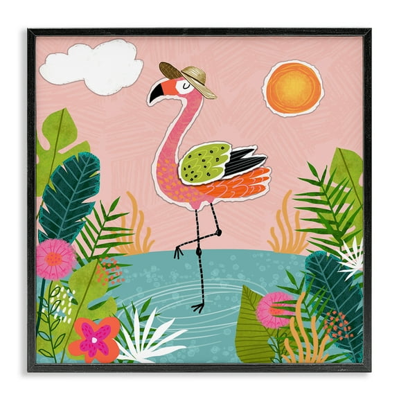 Stupell Industries Tropical Flamingo Pond Animals Painting Black Framed Art Print Wall Art, 12 x 12