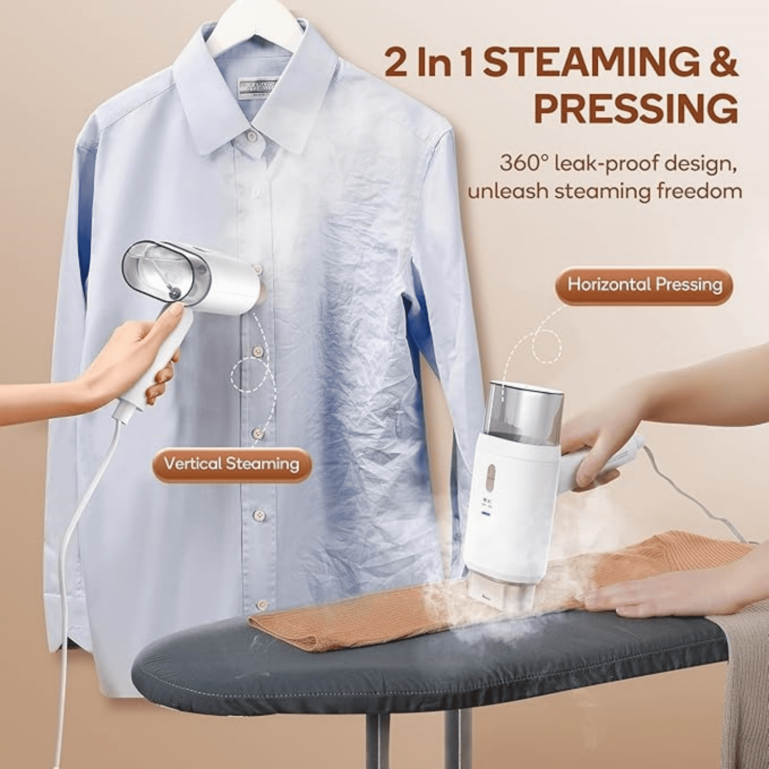 Dual Voltage Garment Steamer - 120V/220V, 1200W Powerful Steamer for Clothes, Home & Travel Use, Horizontal & Vertical Steaming, 20s Heat-up, Foldable, 1.72lbs, 180ml (Gold)