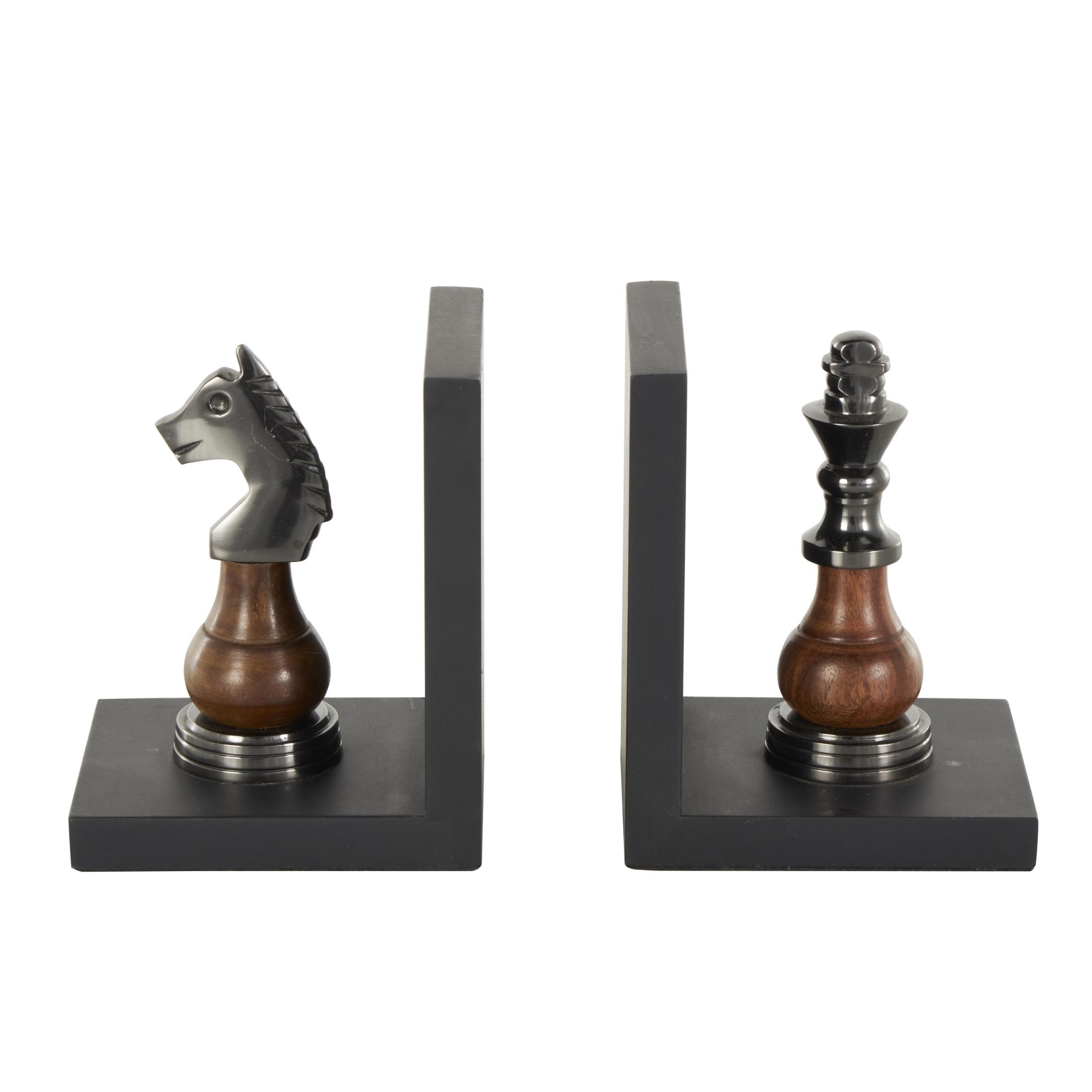 DecMode 4" Chess Black Aluminum Metal Bookends with Aluminum Accents (Set of 2)