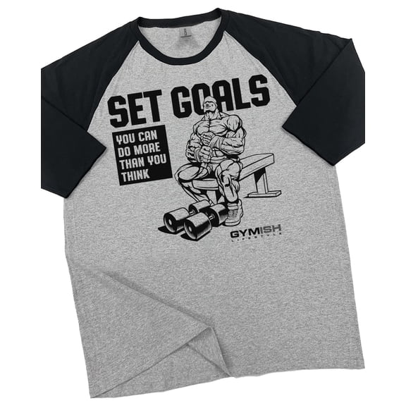 GYMISH RAGLAN Set Goals Workout Gym T-Shirt for Men – Funny Gym Shirt, Men's Fitness Tee, Heather Grey, Small