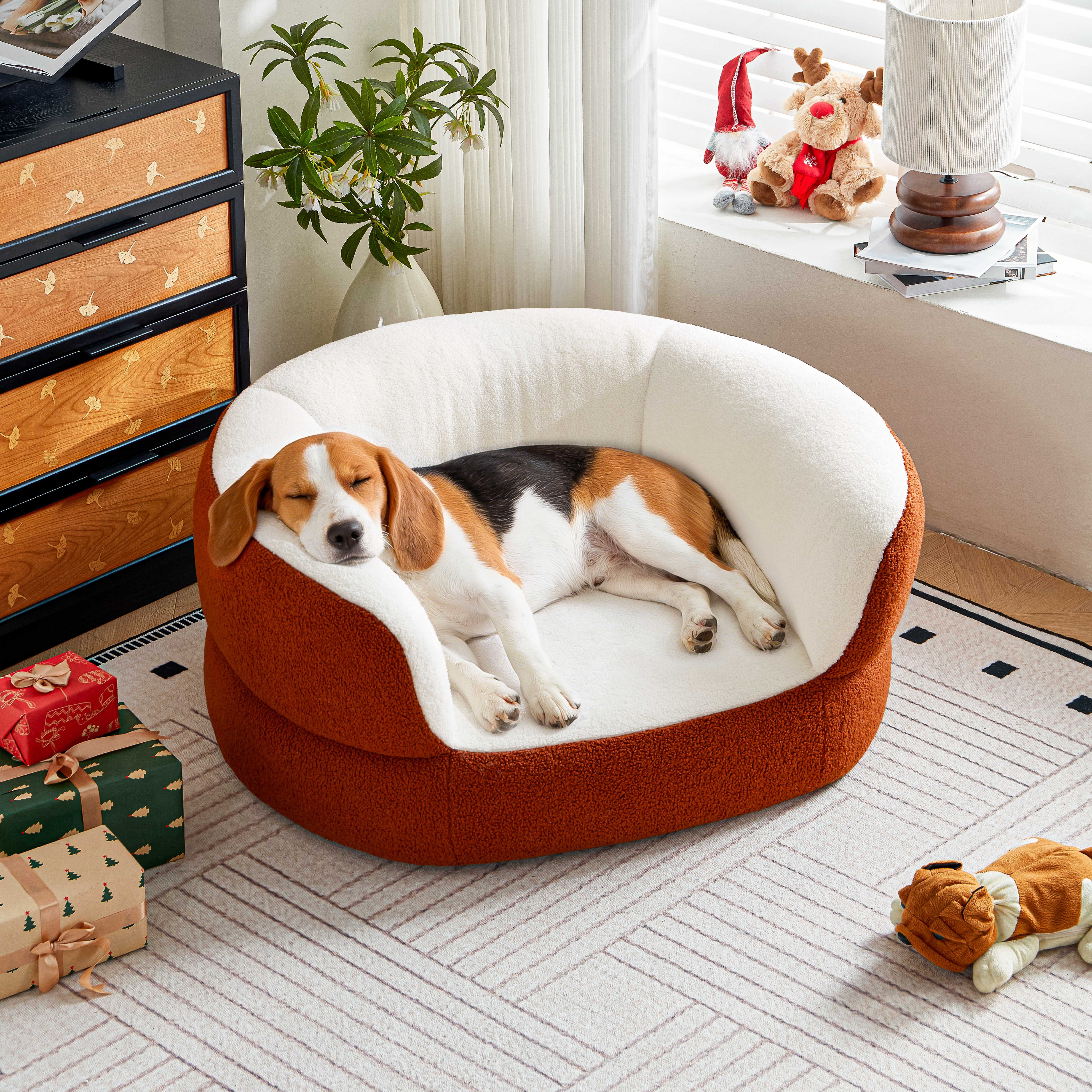 Faux Shearling Indoor Dog Bed Couch for Large and Medium Dogs under 70 lbs, Orthopedic Donut Round Elevated Furniture Pet Bed Sofa with High Backrest, No Assembly Required