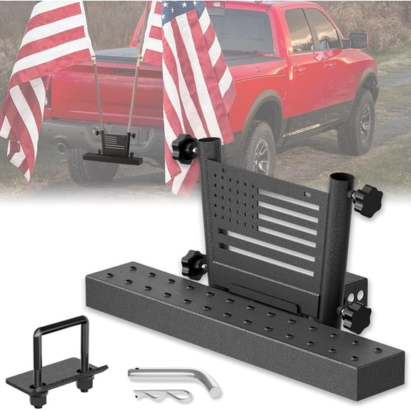 Trailer Dual Hitch  Pole Holder Step for 2 Inch Receiver with License Plate Frame & U- Stabilize, Compatible with Pickups   SUVs ATVs Camper, Double Towing Hitch FlagPole Mount