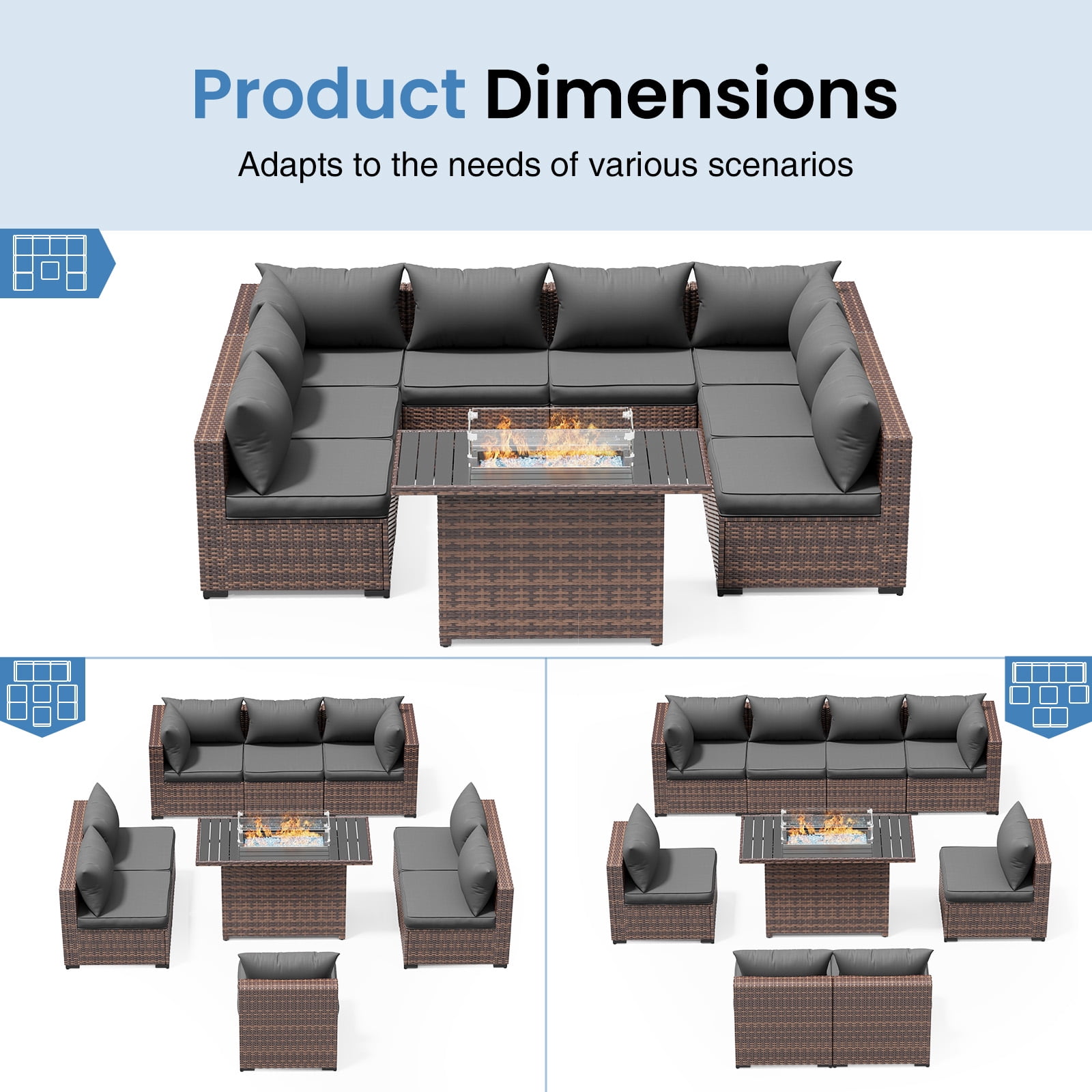 ELPOSUN Patio Furniture Set, Outdoor Patio Furniture Wicker Sectional Furniture Couch Set, 9 Pieces Outdoor Sectional Sofa with Fire Pit Table, Outdoor Patio Set for Outdoor Furniture (Grey)