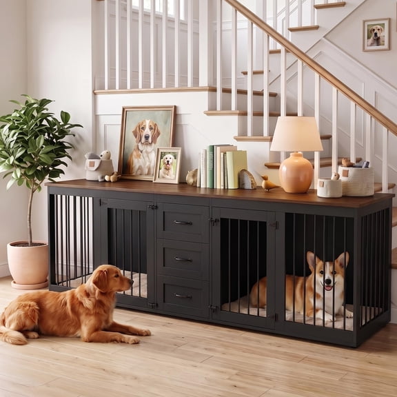 92.8" Double Dog Crate Furniture with 3 Drawers, Dog Kennel Indoor