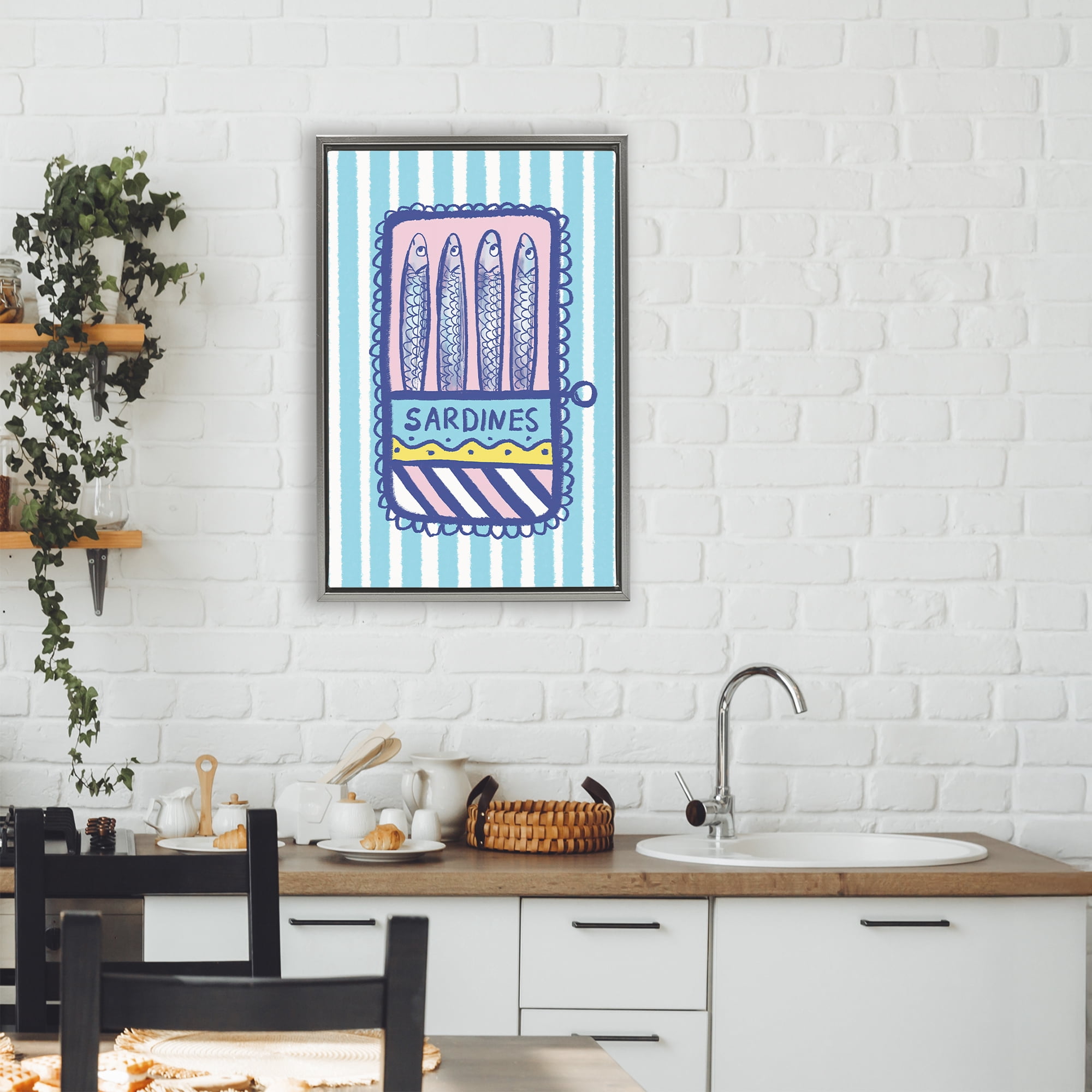 Stupell Industries Pastel & Stripes Sardines Gray Framed Floater Canvas Wall Art, design by Florentina Dolci